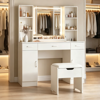 Ensemble de coiffeuse moderne blanche avec miroir lumineux, étagères de rangement ouvertes et tiroir, pour chambre à coucher