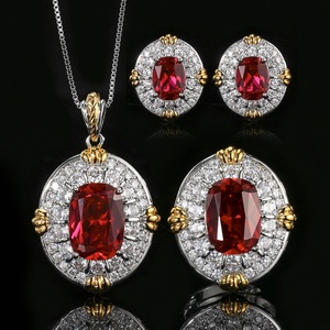 High Quality Eco-friendly Copper Bridal Jewellery Set Red Square Gem Elegant Wedding Party Pendant Earrings Set - Product Image 2