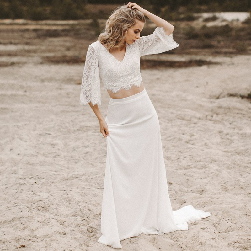 beach two piece wedding dress Boho Style Lace Sleeved Two Piece Wedding Dresses Beach Bridal Gowns
