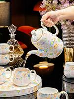 Service à café et à thé en céramique florale européenne, peint à la main, bord doré, théière en porcelaine, tasses, plateau de service, thé de l'après-midi