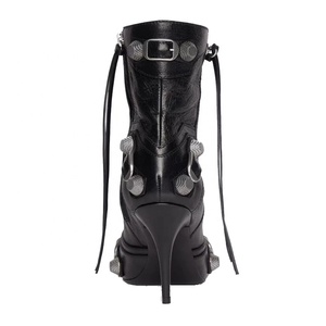 Black High Heel Leather Shoes Pointy Toe Sexy Lady's Ankle <b>Boots</b> Zip Buckle Studs Short Women Fashion Big Size 43 - Product Image 3