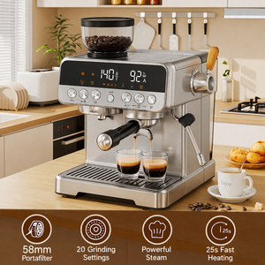 Machine à expresso semi-automatique 15 bars avec moulin à grains intégré, buse vapeur et corps en acier inoxydable - Product Image 2
