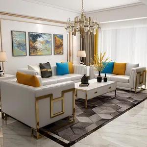 Singapura moderna Villa sala de estar sofá chesterfield 1 2 3 Seccional Sala conjunto de sofá de luxo em aço Inoxidável de couro de Luxo