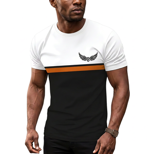Camiseta de Manga Corta con Cuello Redondo para Hombre, con Estampado de Logotipo de Ala, Rayas Negras, Blancas y Naranjas, Corte Ajustado, Informal, Transpirable, de Punto - Product Image 1