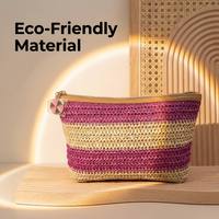 Pochette cosmétique bohème minimaliste rayée en paille, trousse de maquillage artisanale en raphia, mini sac de rangement de voyage portable avec logo personnalisé, OEM