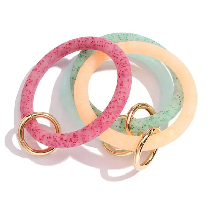 Hot Sell Glitter Colors Marble Round Silicone Bracelet Key Ring O Ring Silicone Bracelet Key Chain