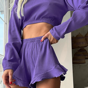 OEM Women Knit Polyester Soft Regular Fit <b>Pajama</b> <b>Shorts</b> Set Long Sleeve Fall Loungewear Homewear <b>Silk</b> Screen Printing Logo - Product Image 4