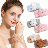 LUMI Bandeau et bracelet antidérapants en flanelle douce multicolores motif lapin mignon pour soins de la peau, yoga, sport - Tendance, taille unique