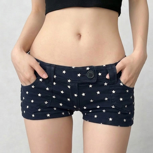 Shorts de Mezclilla de Moda Versátiles con Estampado de Estrellas Vintage Estilo Y2K, Cintura Baja y Corte Ajustado, Estilo Urbano de Verano - Product Image 4