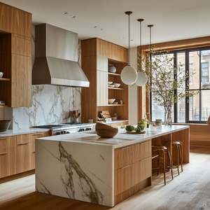 Juego de Mesa de Cocina con Isla de Piedra Sinterizada Moderna, Personalizable, Gabinetes Modulares Grises, Fregadero, Puerta de Acrílico Lacado, Hecho en China - Product Image 2