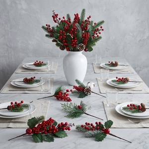 Suministros Navideños Ecológicos de Fábrica YUELIAN, Ramas de Bayas Artificiales de Tacto Suave, Hojas de Bayas Rojas, Piñas para Decoración Navideña - Product Image 6