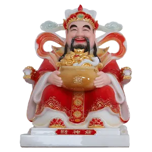 White marble God of Wealth offers Buddha statues, colored glazed inlaid gold, fortune and feng shui transfer