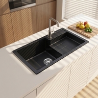 Évier de cuisine en granit composite pour salle de bain, 22 pouces, en pierre de quartz, à cuve unique, à deux trous, à poser en surplomb, noir mat