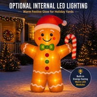 Homme en pain d'épices gonflable de Noël de 1,80 m en terylène avec canne en sucre et éclairage LED, décoration de jardin intérieure/extérieure pour affichage commercial