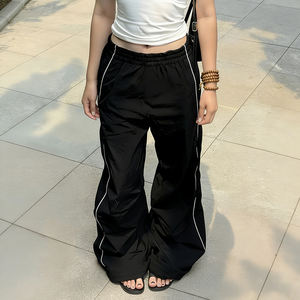 Pantalones Largos Casuales Negros de Cintura Baja Elástica y Pierna Ancha Estilo Europeo Americano para Mujer, Pantalones de Moda de Corte Holgado - Product Image 2