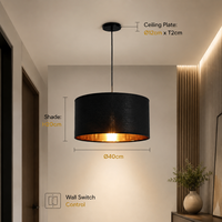 Suspension moderne en tissu noir, forme tambour, en fer, avec interrupteur mural E27, pour montage au plafond intérieur, 40 cm, idéale pour salle à manger, maison, restaurant