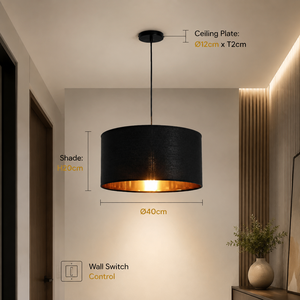 Modern Fabric Pendant <b>Light</b> Black Drum Iron E27 Wall Switch Indoor Ceiling Mount 40cm For <b>Dining</b> Room Home Restaurant - Product Image 4