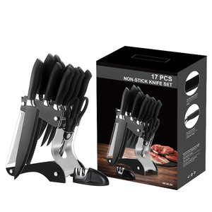 Ensemble de 17 couteaux de cuisine antiadhésifs en acier inoxydable, lames tranchantes, manche antidérapant en ABS, support à couteaux avec aiguiseur intégré, couleur - Product Image 1
