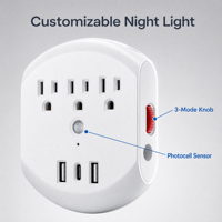 6'sı 1 arada USB Duvar Şarj Cihazı, Çift Tip-C Girişli, 3 AC Prizli, Akıllı Sensörlü Gece Lambası, 1875W Ağır Hizmet Tipi Çoklu Priz Genişletici