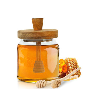 500ml Glass Honey <b>Jar</b> | with Wooden Honey Dippers Stick Set, Wide Mouth Honey Containers - Airtight Syrup Dispenser <b>for</b> <b>Kitchen</b> - Product Image 1