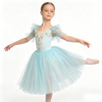 Tenue de ballet pour enfant, bleu ciel, fleurs, strass, robe de compétition en tulle à volants sur les épaules pour filles