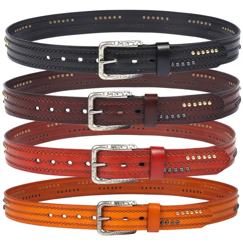 Personalización al por mayor nuevos cinturones de lujo para hombre en relieve de cuero de vaca cinturones de cuero genuino remaches cinturones