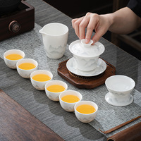 Service à thé portable en porcelaine blanche de Dehua, style tendance national, motif jade effet graisse de mouton, avec bol à couvercle et tasse à thé, coffret cadeau