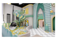 Aire de jeux intérieure sur le thème des mécanismes d'horlogerie vintage avec toboggan en spirale et piscine à balles pour enfants
