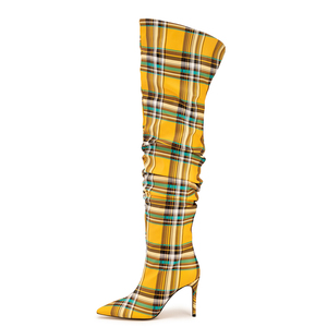 Bottes hautes plissées à imprimé écossais pour femme, grande taille 45, coupe large, à bout pointu, au-dessus du genou - Product Image 1