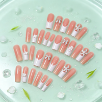 Lot de 24 faux ongles longs carrés à presser, rose nude, style français, avec nœud 3D argenté et fleurs en strass, pour manucure DIY