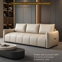 Canapé en cuir capitonné à cannelures, design droit avec dossier moelleux et coussin d'assise épais, pour la maison et l'appartement