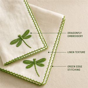 Serviettes en lin personnalisées brodées, serviettes en coton, libellules blanches et vertes, décoration de table, style classique, faites à la main, rectangulaires - Product Image 3