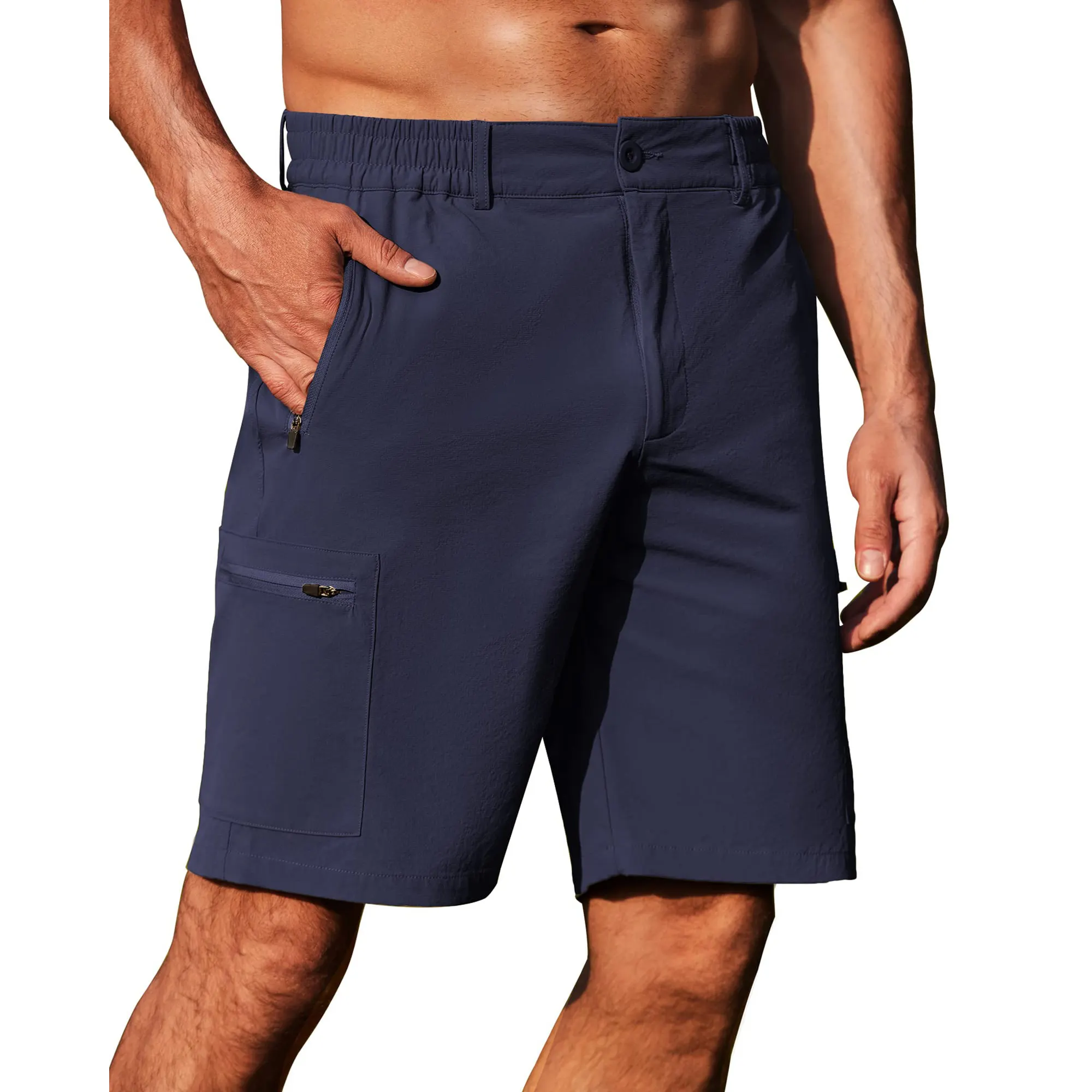 Pantalones cortos de golf elásticos al aire libre personalizados OEM, pantalones cortos deportivos de pesca Quick Dri Khaki Cargo para hombres con bolsillos