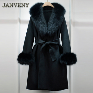 JANVENY Nuovo Autunno Inverno 2024 <span class=keywords><strong>Trench</strong></span> da <span class=keywords><strong>Donna</strong></span> con Collo e Polsini Rimovibili in Vera Pelliccia di Volpe, Cappotto Lungo in Misto Lana e Cashmere con Cintura - Product Image 2