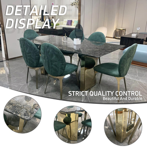 Ensemble de salle à manger rectangulaire de luxe en pierre naturelle de style italien, table à manger moderne en acier inoxydable couleur or champagne pour villa - Product Image 2