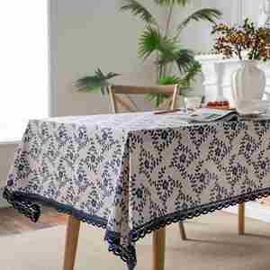 Cotton <b>Linen</b> Rustic Style Navy Edge Washable Printed Farmhouse Table Cover for Kitchen Dining Home Hotel <b>Tablecloth</b> - Product Image 3