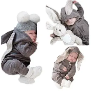 Roupas infantis de coelho com capuz, roupas de bebê para recém-nascidos, macacão de algodão para meninos e meninas, macacão de mangas compridas com zíper