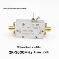 Amplificateur RF à large bande (LNA) à faible bruit avec gain de 30 dB, bande de 2 kHz à 3 GHz ; adapté à la transmission directe