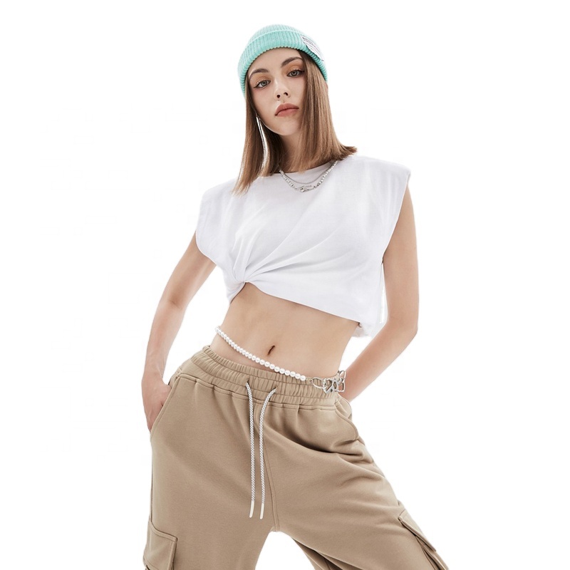 Trendy shoulder pad plain sleeveless t shirts loose fit womens tank top cotton high street basic fashion tank top