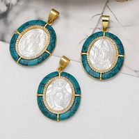 ASJEWELRY Pendentif Vierge Marie en Cuivre Plaqué Or avec Coquillage et Turquoise, Breloques pour Fabrication de Colliers Catholiques, Composant pdtc001
