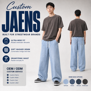 <span class=keywords><strong>Jeans</strong></span> da Uomo a Gamba Larga <span class=keywords><strong>con</strong></span> <span class=keywords><strong>Elastico</strong></span> in Vita e Coulisse, Vestibilità Ampia, in Denim Lavaggio Chiaro, Stile Streetwear, Fornitore Private Label - Product Image 2