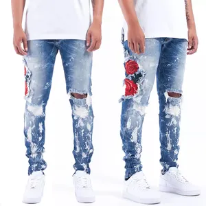 Fashion Men Rose Embroidery Patch Blue Ripped Denim Trousers Zip Ankle Painted Splatter Destroyed Skinny Stretchy Jeans