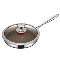 Wajan Penggorengan Stainless Steel 3 Lapis Modern dengan Dasar Rata dan Tutup Kaca Kapasitas 3-4L untuk Memasak di Kompor Induksi.