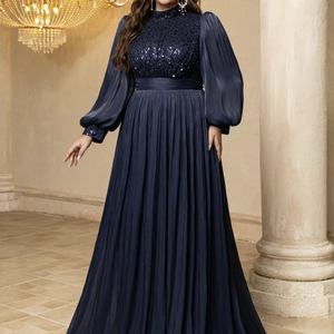 Robes de soirée maxi à col montant et manches lanternes avec patchwork de sequins pour femmes grandes tailles, parfaites pour les demoiselles <span class=keywords><strong>d</strong></span>'<span class=keywords><strong>honneur</strong></span> et les occasions formelles - Product Image 1