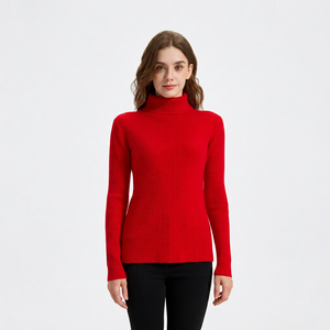 Women's Turtleneck Pullover Rib Knit 100% Cashmere Solid Red Winter <b>Sweater</b> Full Sleeve Elegant Style - Product Image 1
