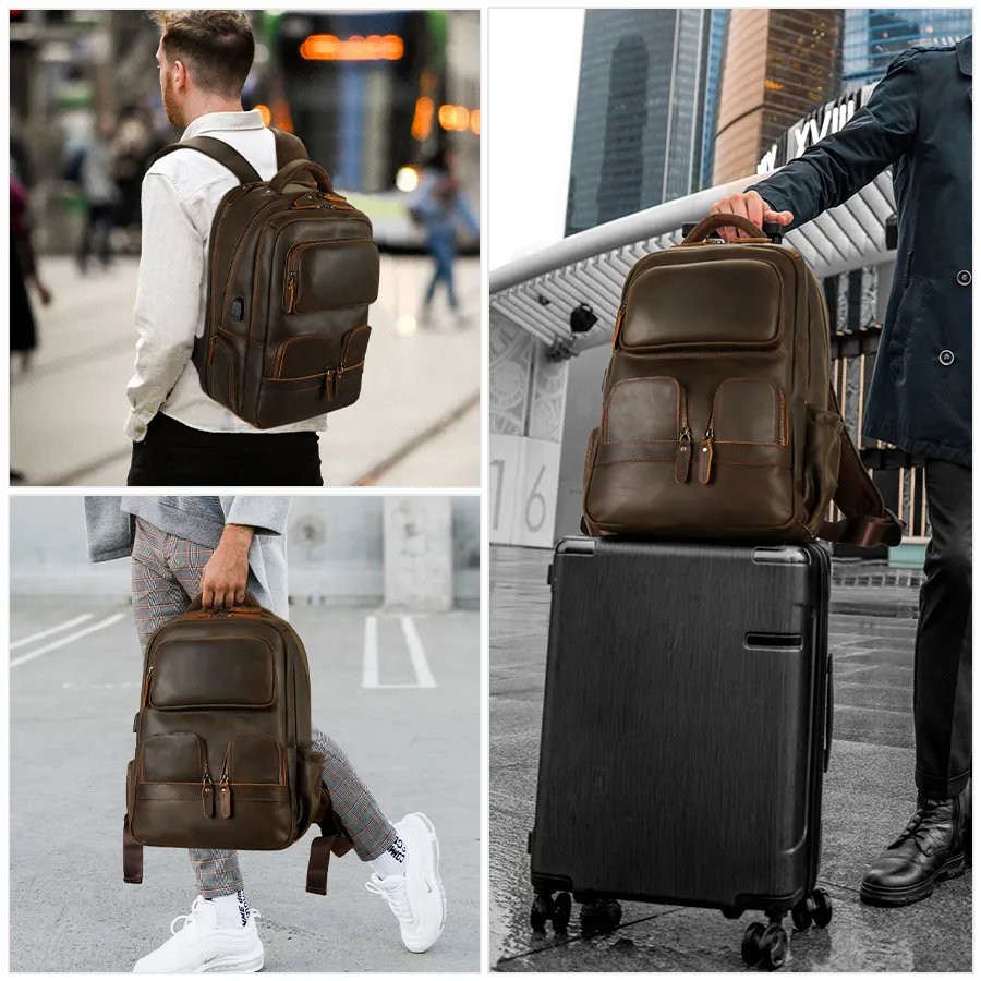 High Quality USB Cowhide Business Outdoor Waterproof Travel Custom Vintage Laptop Genuine Crazy Horse Leather Backpack For Men