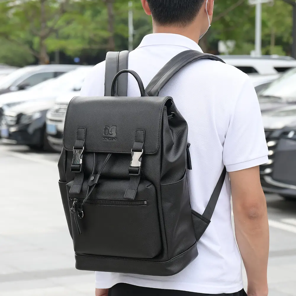 Classic Luxury Custom Logo Business Casual Back Packs Bags Black Faux Pu Vegan Saffiano Leather Backpacks For Men