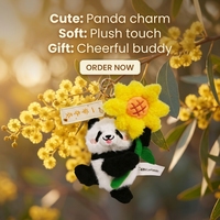 Porte-clés en peluche Panda 10 cm de haute qualité, motif tournesol porte-bonheur, en coton et polyester écologiques, pour sac d'école - Prêt à expédier (RTS)