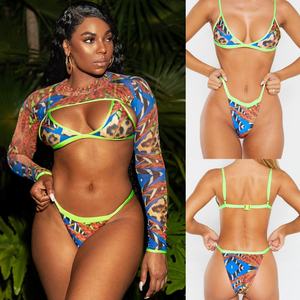 Maillot de bain grande taille pour femmes avec logo personnalisé, 4XL 5XL, nouveau maillot de bain 3 pièces à imprimé léopard, manches longues, avec soutien-gorge push-up - Product Image 3