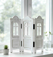 Paravent en bois blanc vieilli à 3 panneaux, écran pliant en bois, cloison de séparation vintage style ferme avec découpe pour fenêtre